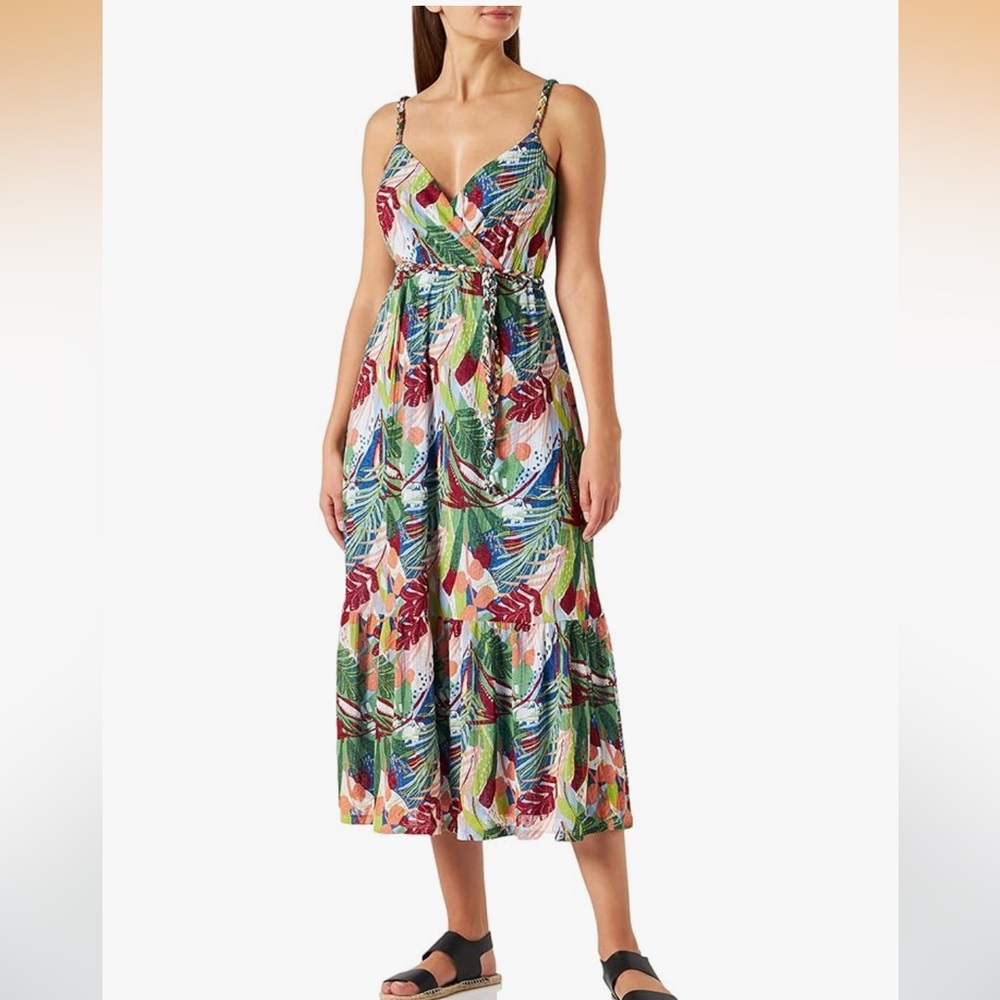 Springfield tropical midi dress. Floral Print tank strappy braid xl new nwt